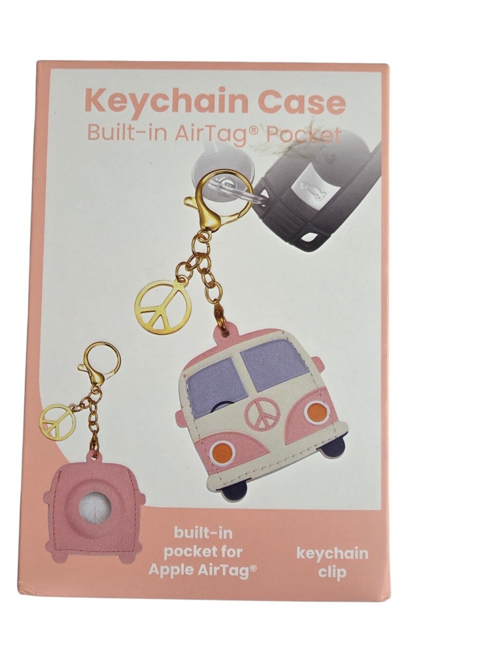 Vivitar Airtag Keychain Case NEW -Pink -Retro Bus Design -Peace -Love -Hippie